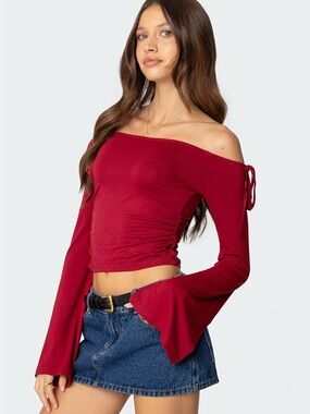 Edikted Keaghan Red Bell Sleeve Off Shoulder Top